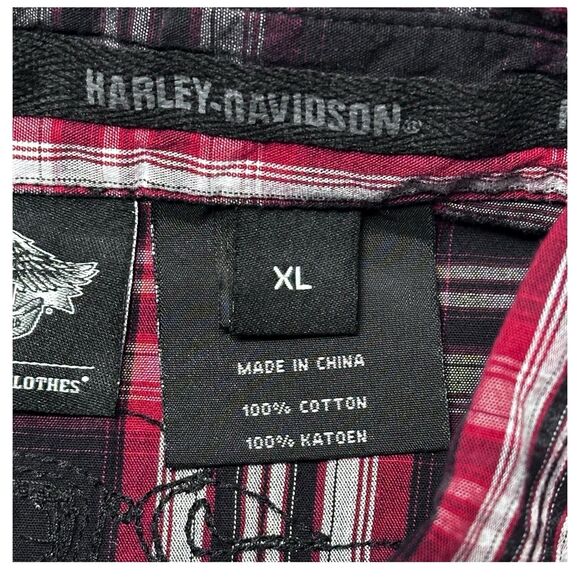 Harley Davidson Plaid Button Up Shirt Men XL Red Black Short Sleeve Skull Logo - Picture 7 of 11